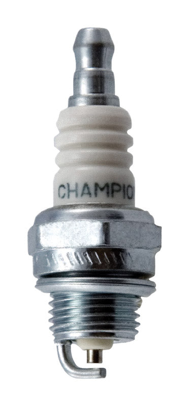 Emery Jensen CJ8Y Champ small engine spark plug showing metal tip and ceramic insulator for lawn equipment.