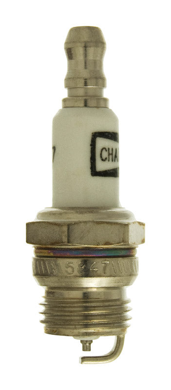 Emery Jensen DJ8J Champ small engine spark plug with metal shell and ceramic insulator, suitable for lawnmowers and small equipment.