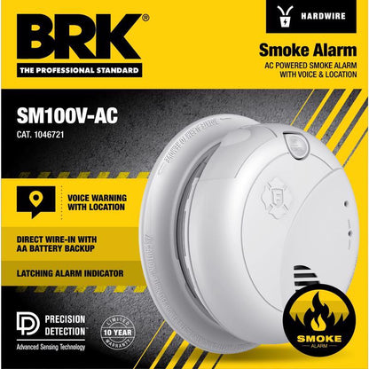 Emery Jensen Smoke Alarm with 120V power and battery backup, mounted on ceiling in a home setting.