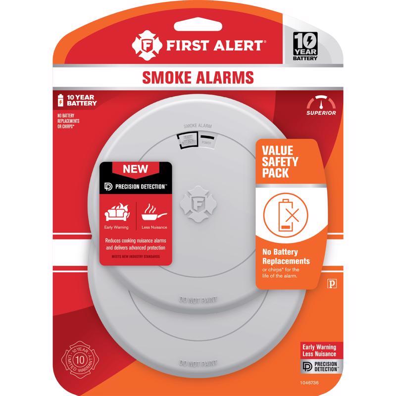 Two Emery Jensen smoke detectors with batteries, mounted on a ceiling for home safety.