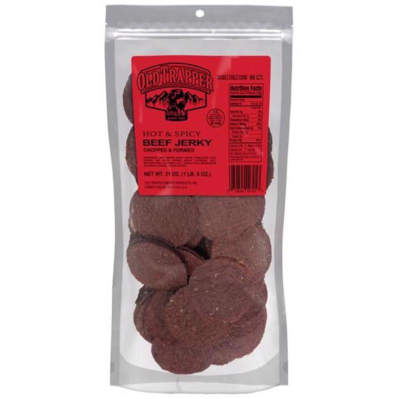 Spicy beef jerky snack by Emery Jensen in a 21oz bag, showing strips of seasoned, dried beef with a hot and spicy flavor.