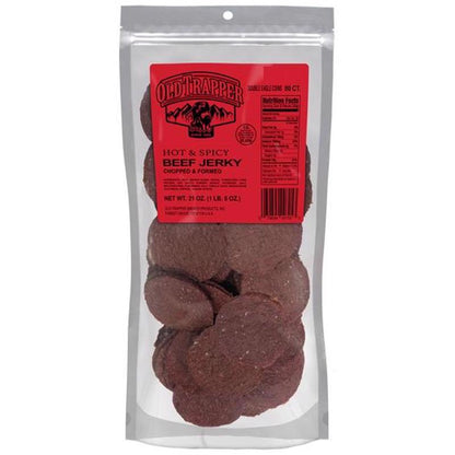 Spicy beef jerky snack by Emery Jensen in a 21oz bag, showing strips of seasoned, dried beef with a hot and spicy flavor.