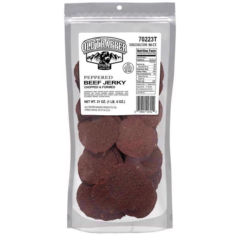 Beef jerky peppered flavor by Emery Jensen, 21oz snack, showing seasoned strips of beef in a resealable package.