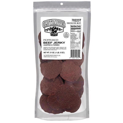 Beef jerky peppered flavor by Emery Jensen, 21oz snack, showing seasoned strips of beef in a resealable package.