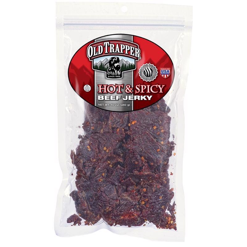 Spicy beef jerky snack by Emery Jensen in a 10oz package, showcasing strips of seasoned, dried beef ready to eat.
