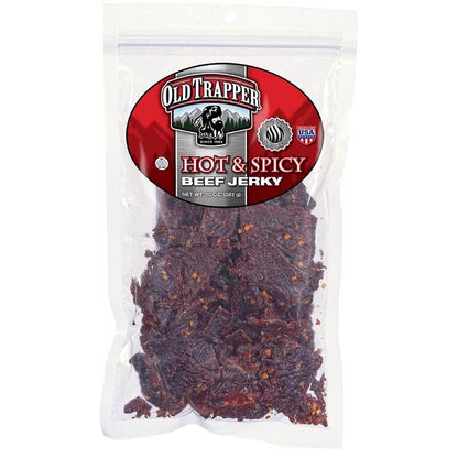Spicy beef jerky snack by Emery Jensen in a 10oz package, showcasing strips of seasoned, dried beef ready to eat.