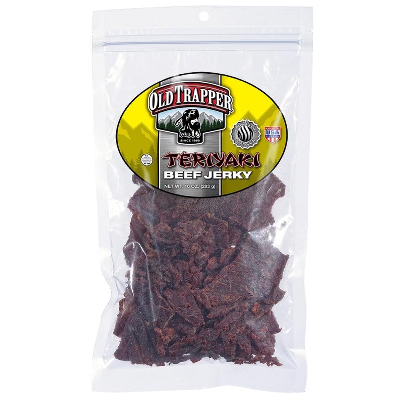 Emery Jensen beef jerky teriyaki snack in a 10oz package, featuring glossy, flavorful slices of seasoned beef jerky.