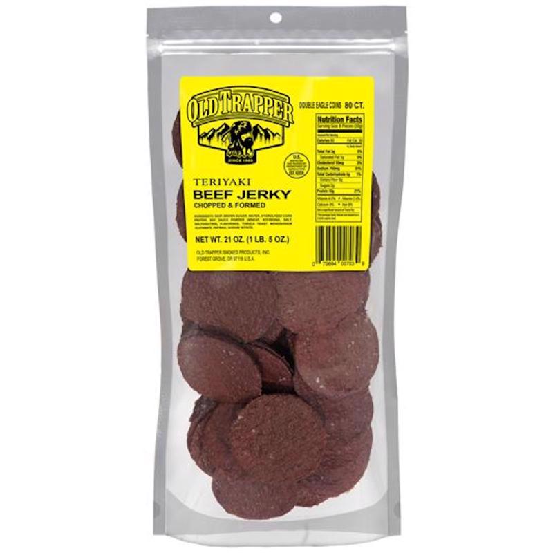 Beef jerky teriyaki snack by Emery Jensen in 21oz pack, showing flavorful strips of seasoned beef jerky on a wooden surface.