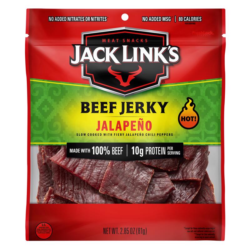 Beef jerky snack by Emery Jensen with jalapeno flavor in 2.85 oz package, showing beef jerky strips with jalapeno pieces.