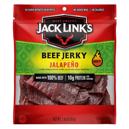 Beef jerky snack by Emery Jensen with jalapeno flavor in 2.85 oz package, showing beef jerky strips with jalapeno pieces.