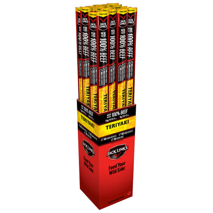Emery Jensen beef sticks teriyyk flavor, 1.84oz snack packs, 24-pack, savory beef snack with teriyyk seasoning.
