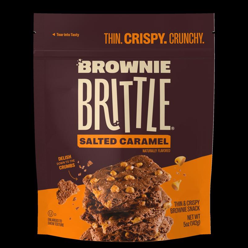 Six Emery Jensen Brownie Brittl Salt Caramel snacks arranged in a pack, showcasing their rich texture and caramel flavor.