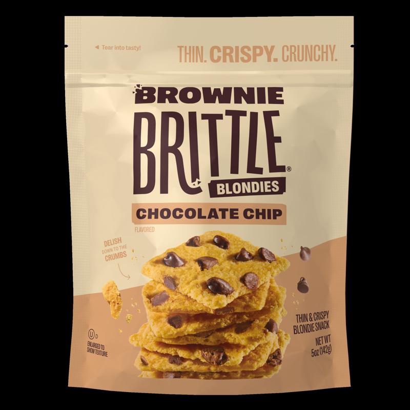 Six Emery Jensen brown brittle blended chocolate chip snacks arranged in a pack, showing crispy texture and chocolate chips.