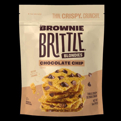 Six Emery Jensen brown brittle blended chocolate chip snacks arranged in a pack, showing crispy texture and chocolate chips.