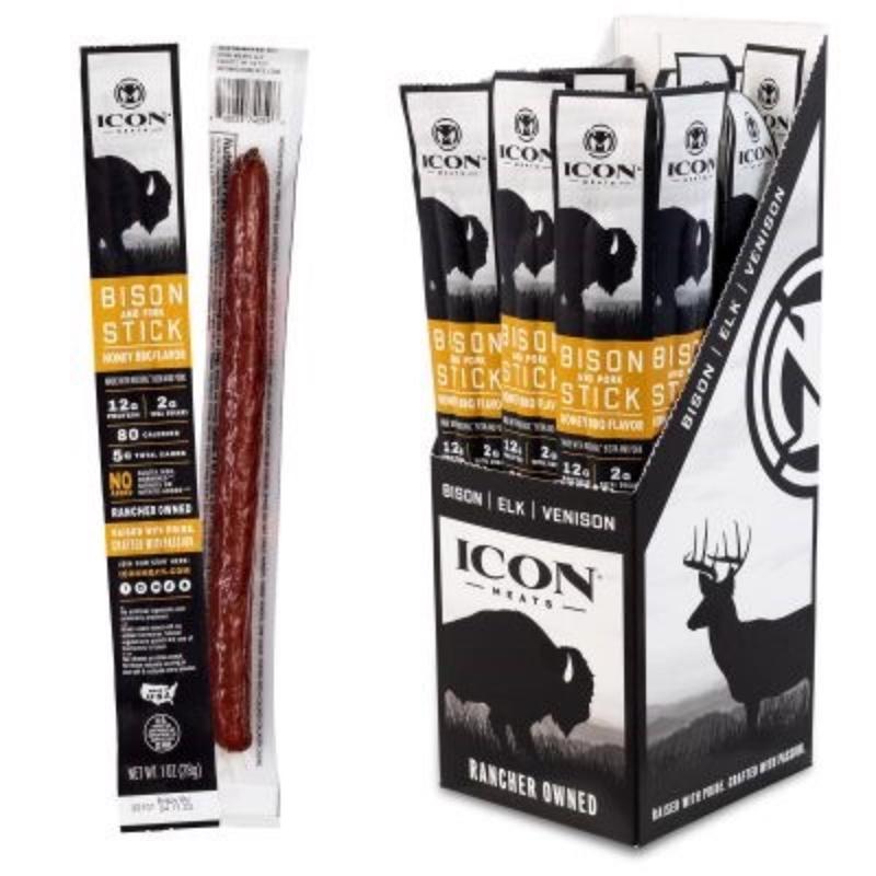 Emery Jensen Bsn/Prk JRKY HNY BBQ snacks, 1 oz packs, 24-pack, savory seasoned meat snacks in colorful packaging.
