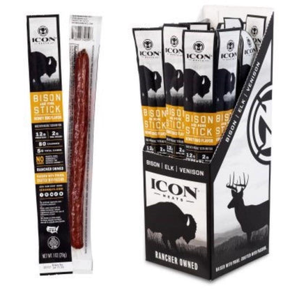 Emery Jensen Bsn/Prk JRKY HNY BBQ snacks, 1 oz packs, 24-pack, savory seasoned meat snacks in colorful packaging.