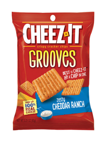 Emery Jensen Ched/Ranch Grooves snacks, 3.25oz bag, pack of 6, crunchy cheese and ranch flavored snack chips.