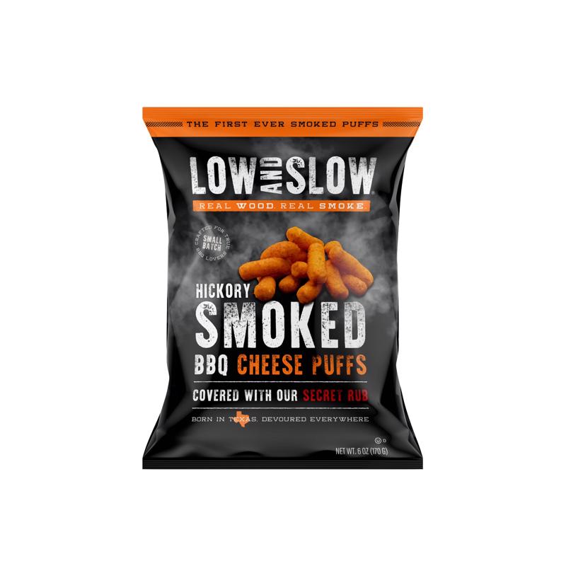 Six packs of Emery Jensen Hickory Cheese Puffs in 6-ounce bags, crispy snack with cheesy and smoky flavor.
