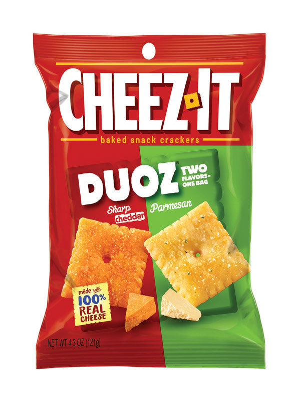 Six packs of Emery Jensen Cheez-It DUOZ Cheddar and Parmesan snacks, crispy cheese snack bites in a convenient pack.