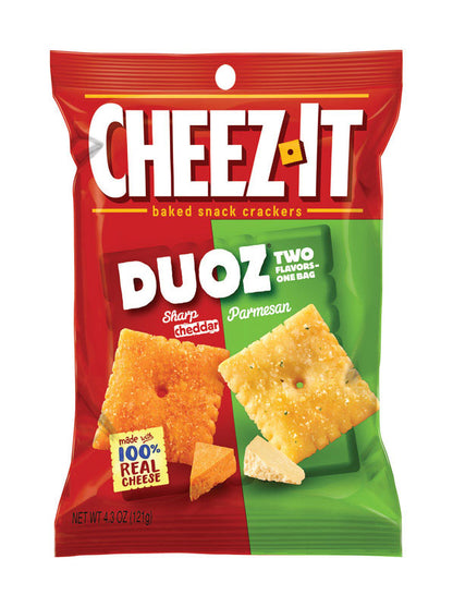 Six packs of Emery Jensen Cheez-It DUOZ Cheddar and Parmesan snacks, crispy cheese snack bites in a convenient pack.