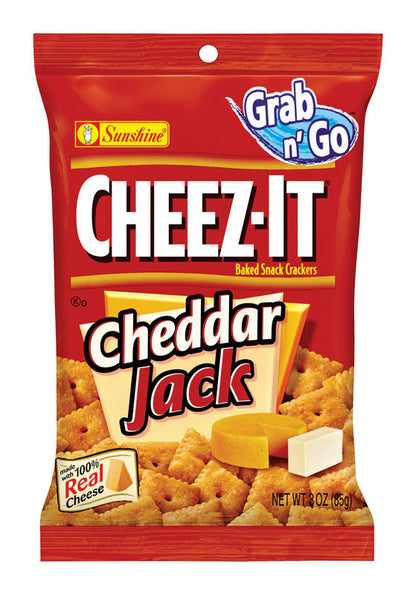 Six 3oz packs of Cheez-It Cheddar Jack snacks by Emery Jensen, featuring crispy cheese crackers in bright orange packaging.