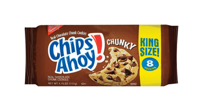 Eight packs of Chips Ahoy Chnky cookies by Emery Jensen, 4.15 oz each, shown in a close-up of the snack packaging.