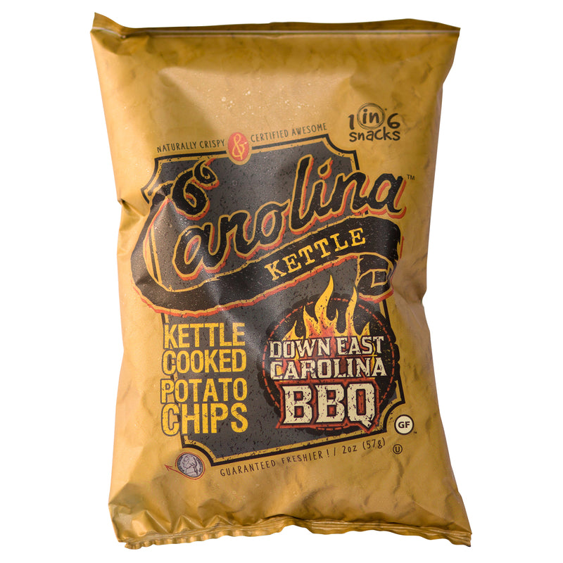 Emery Jensen Chips Down East BBQ snacks in 2oz bags, shown in a pack of 20, with crispy chips and BBQ seasoning.