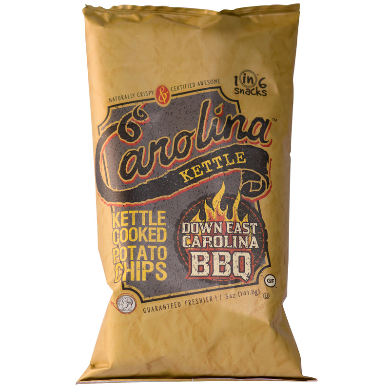 Emery Jensen Chips Down East BBQ snack pack of 14, 5oz bags featuring crispy BBQ flavored chips in a colorful snack package.