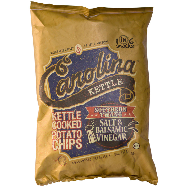 Pack of 20 Emery Jensen salt and balsamic flavored chips, 2 oz each, crispy snack in colorful packaging.