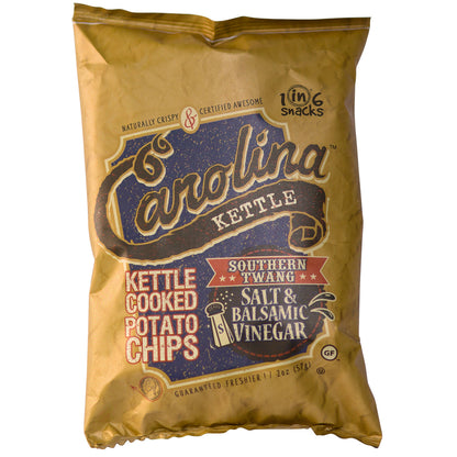 Pack of 20 Emery Jensen salt and balsamic flavored chips, 2 oz each, crispy snack in colorful packaging.