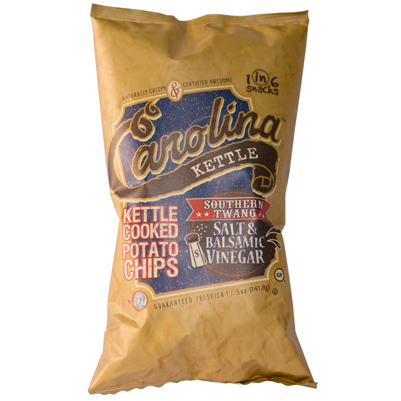 Pack of 14 Emery Jensen Salt & Balsamic Chips, 5 oz each, crunchy snack in colorful packaging.