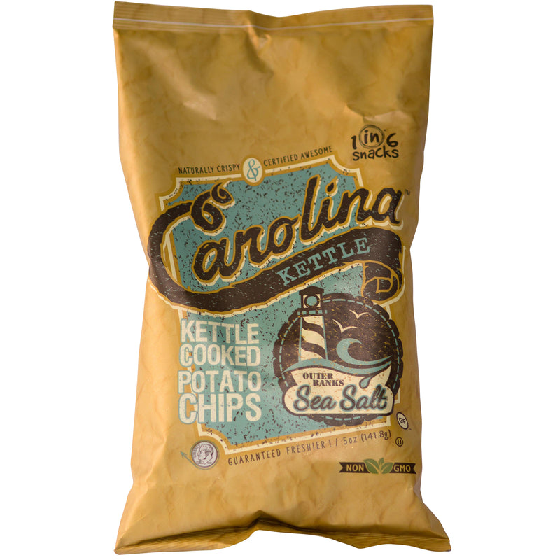 Sea salt flavored chips by Emery Jensen, 5oz packs, showing crispy snack chips in a pack of 14 for savory snacking.