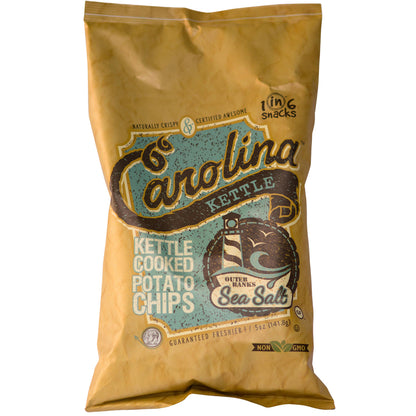 Sea salt flavored chips by Emery Jensen, 5oz packs, showing crispy snack chips in a pack of 14 for savory snacking.