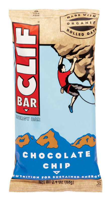 Pack of 12 CLIF Bar Chocolate Chip snacks by Emery Jensen, 2.4oz each, with chocolate chip visible on the snack surface.