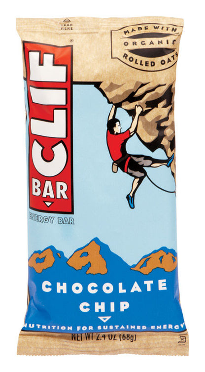 Pack of 12 CLIF Bar Chocolate Chip snacks by Emery Jensen, 2.4oz each, with chocolate chip visible on the snack surface.