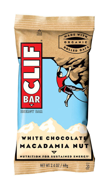 Emery Jensen Clif Bar White Chocolate snack pack of 12, 2.4oz each, with visible white chocolate coating and energy bar shape.