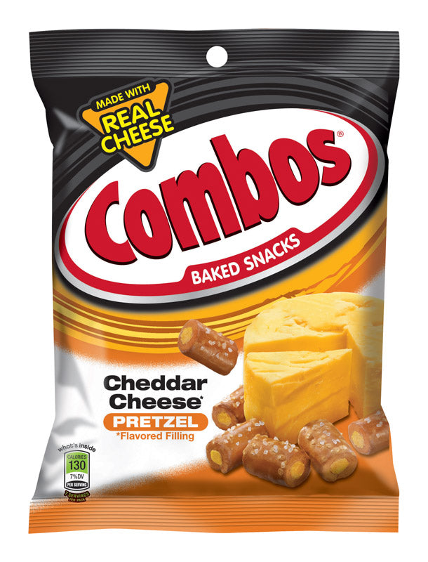 Emery Jensen Combos Cheddar snack pack of 12, 6.3 oz bags of cheesy snack crackers on a white background.