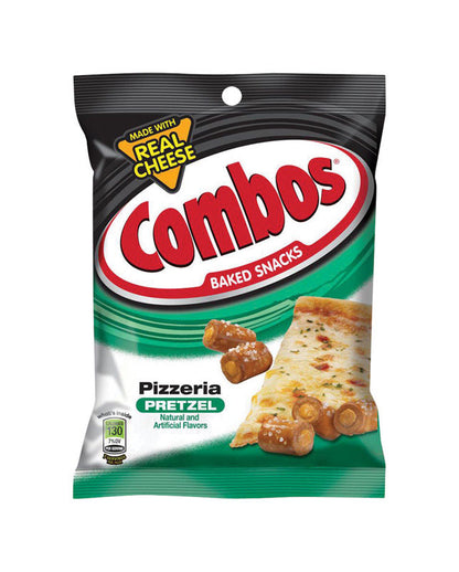 Emery Jensen Combos Pizza Pretzels 6.3oz snack pack, 12-pack of crunchy, savory pizza-flavored pretzels in a colorful bag.