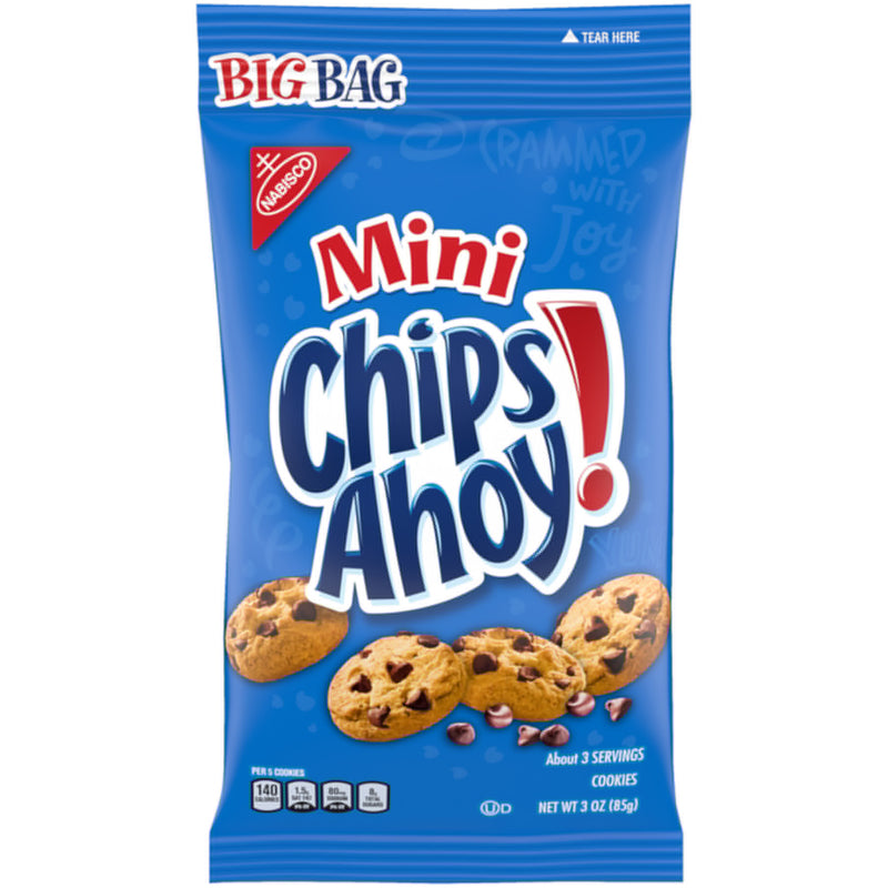 Pack of 12 Emery Jensen Chips Ahoy cookies, 3oz snack packs with chocolate chip cookies in a clear plastic wrapper.