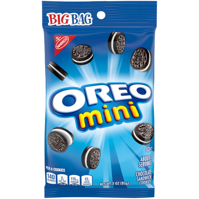 Pack of 12 Emery Jensen Oreo Mini Cookies, 3oz snack packs featuring small chocolate sandwich cookies with cream filling.