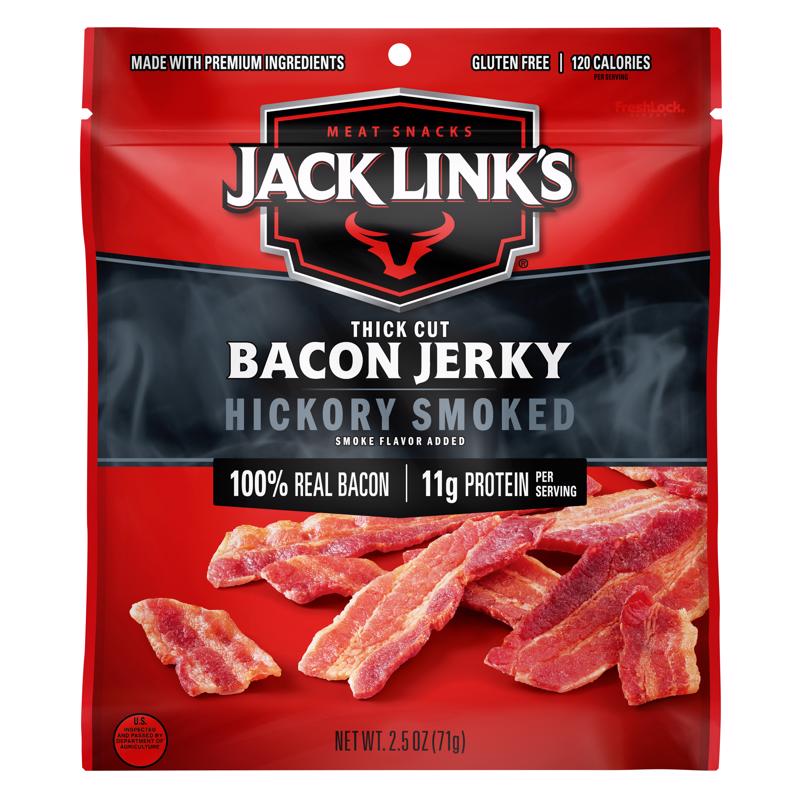Assorted packs of Emery Jensen Jerky Bacon HKY smoked snacks in 2.5oz packs, displayed in a pack of 8.