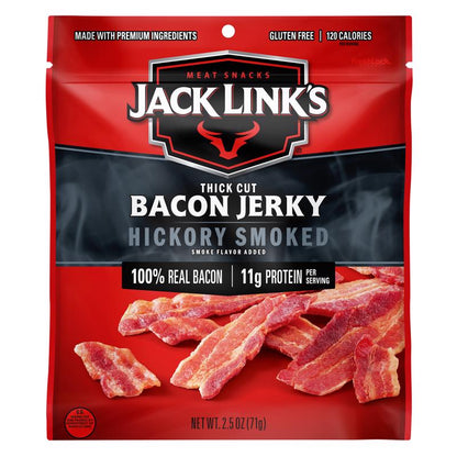 Assorted packs of Emery Jensen Jerky Bacon HKY smoked snacks in 2.5oz packs, displayed in a pack of 8.