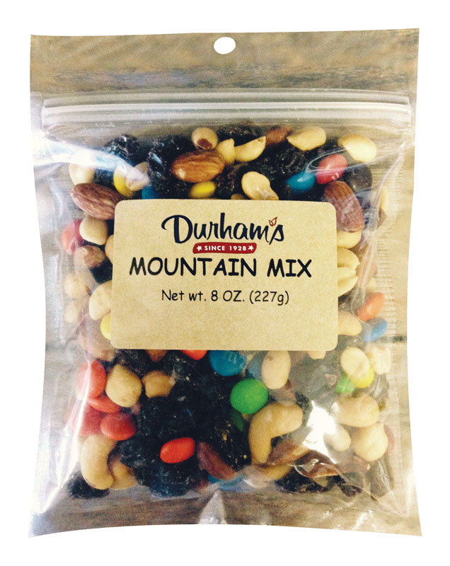 Emery Jensen Mountain Mix snacks in 8oz bags, pack of 12, featuring a mix of nuts, dried fruits, and crunchy snack pieces.