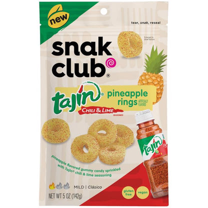 Pack of six Emery Jensen pineapple ring snacks, dried pineapple slices in a resealable bag, ideal for a sweet, tropical treat.
