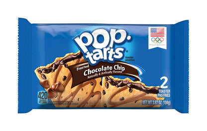 Six Emery Jensen Pop Tarts Chocolate Chip snack packs, 3.67oz each, with colorful packaging showcasing chocolate chip flavor.