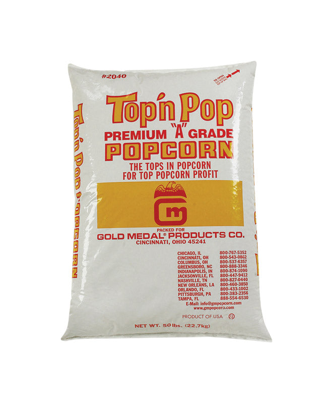 Large 50lb bag of Emery Jensen popcorn, a crunchy snack, displayed in a clear bag showing golden popcorn kernels.