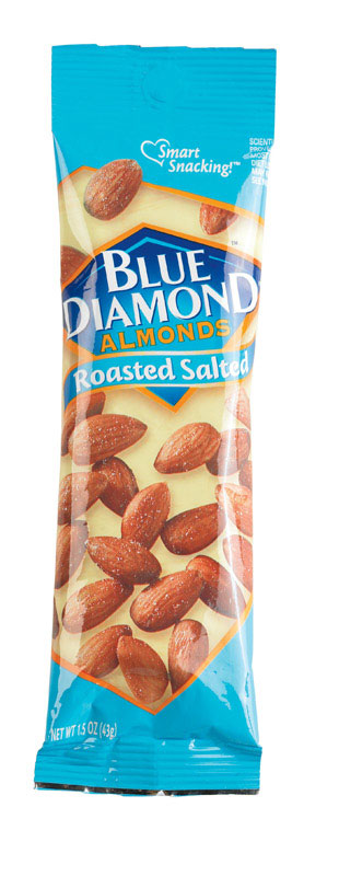 Pack of 12 roasted salt almonds from Emery Jensen, 1.5oz snack bags, showing lightly salted almonds in clear packaging.