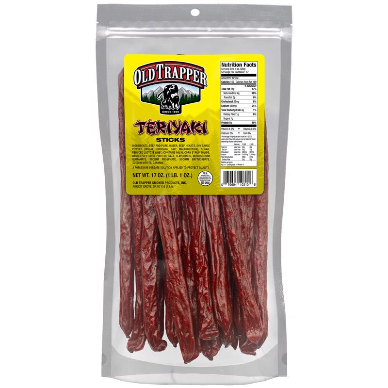 Emery Jensen Teriyaki Snack Stick in 17oz bag, savory beef jerky-style snack with teriyaki flavor, displayed in a clear package.