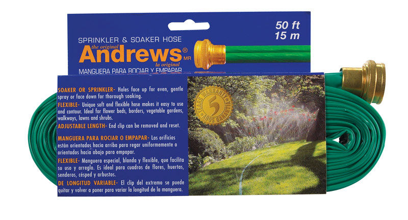 Emery Jensen 50-foot soaker hose for watering gardens and flower beds, flexible and durable for even water distribution.