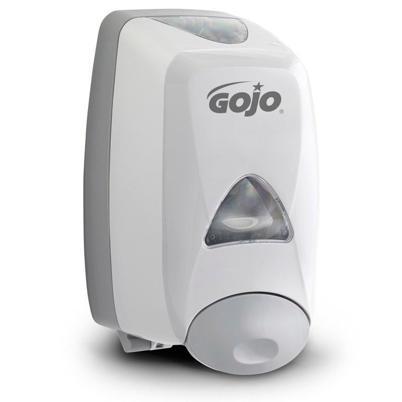 Emery Jensen GOJO foam soap dispenser mounted on a wall for commercial use, with a sleek white design.